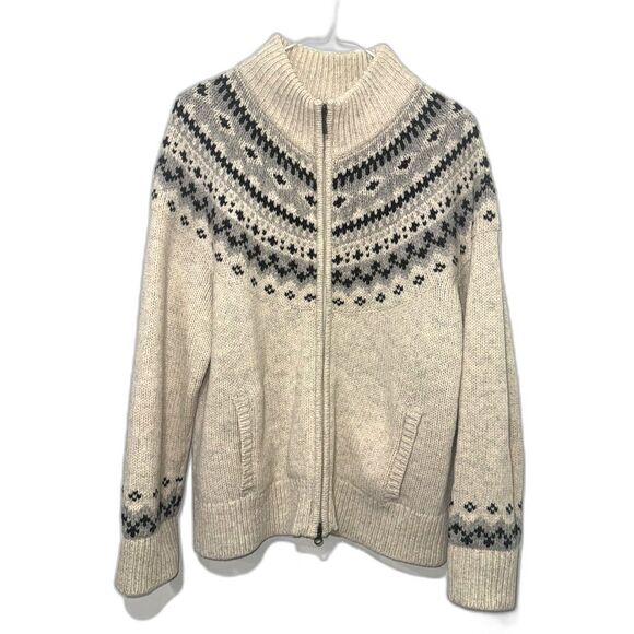 L.L. Bean Classic Rag Wool Fair Isle Zip Cardigan - Cream/Black/Gray XL - Picture 4 of 10